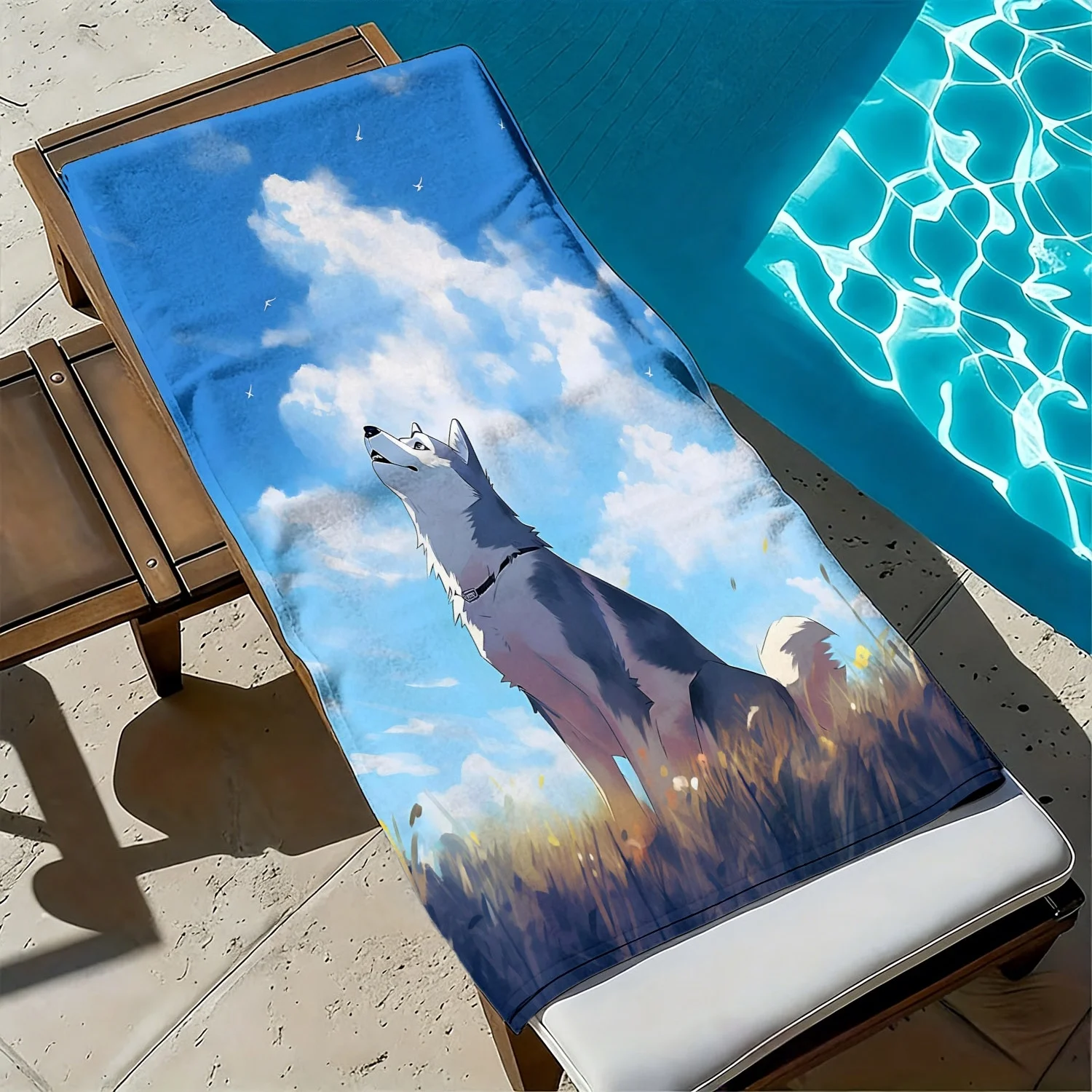 Cartoon wolf with white cloud pattern polyester microfiber beach towel is highly absorbent, suitable swimming and beach outings
