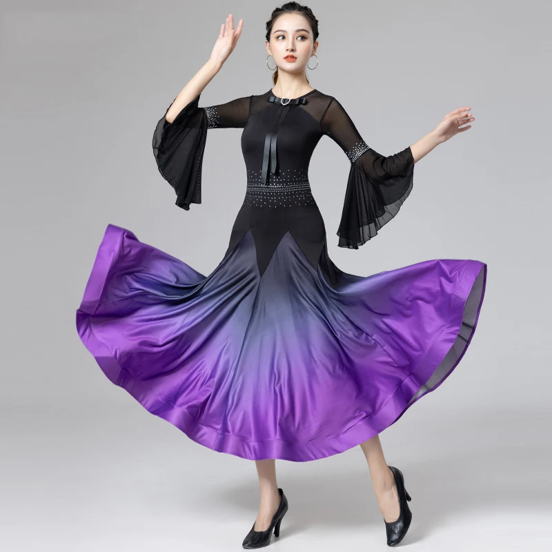 New Modern Dance Clothes Female Adult New National Standard Dance Costumes Long Sleeve Rhinestone Big Swing Waltz Dress DQL7554