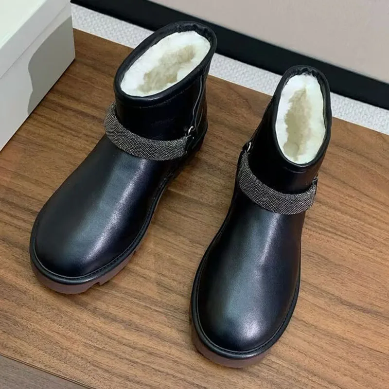 Genuine Leather String Bead Decor Wool Lining Short Boots Women Round Toe Thick Bottom Snow Boots  Winter Keep Warm Ankle Botas