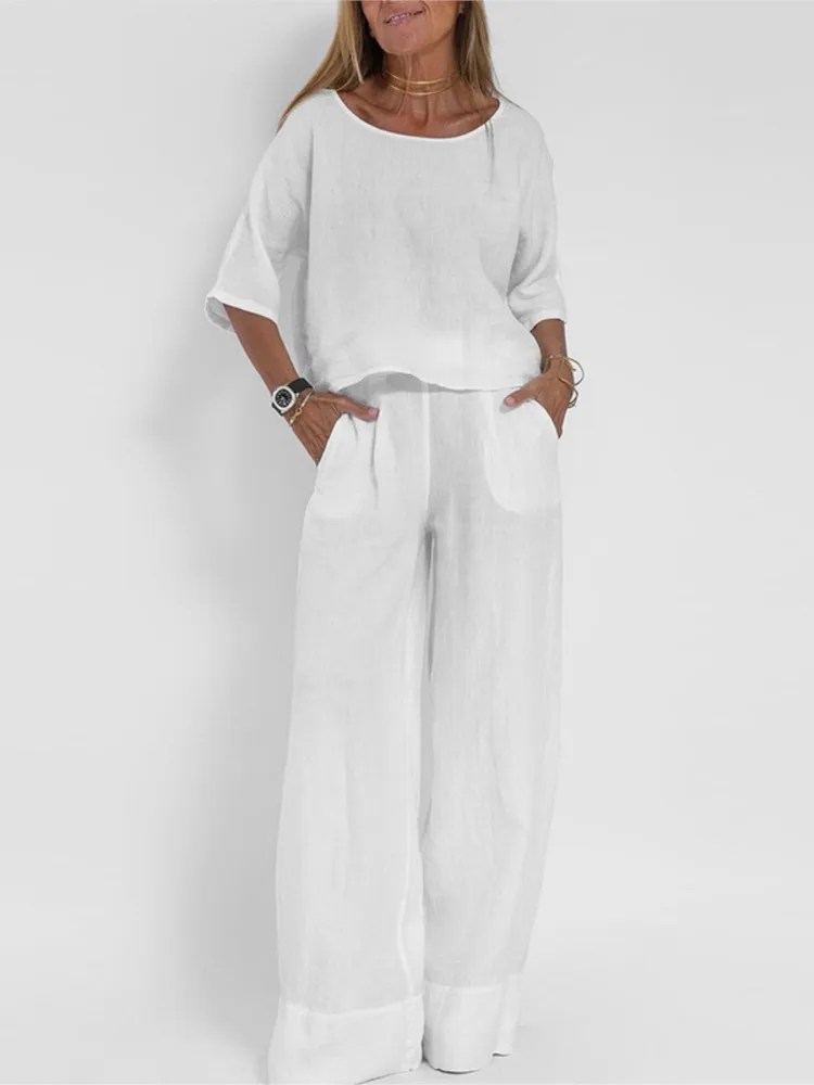 

Casual Fashion Pocket Trousers Set Summer Women's Simple Solid Color Short-sleeved Top Wide-leg Trousers Commuting Two-piece Set