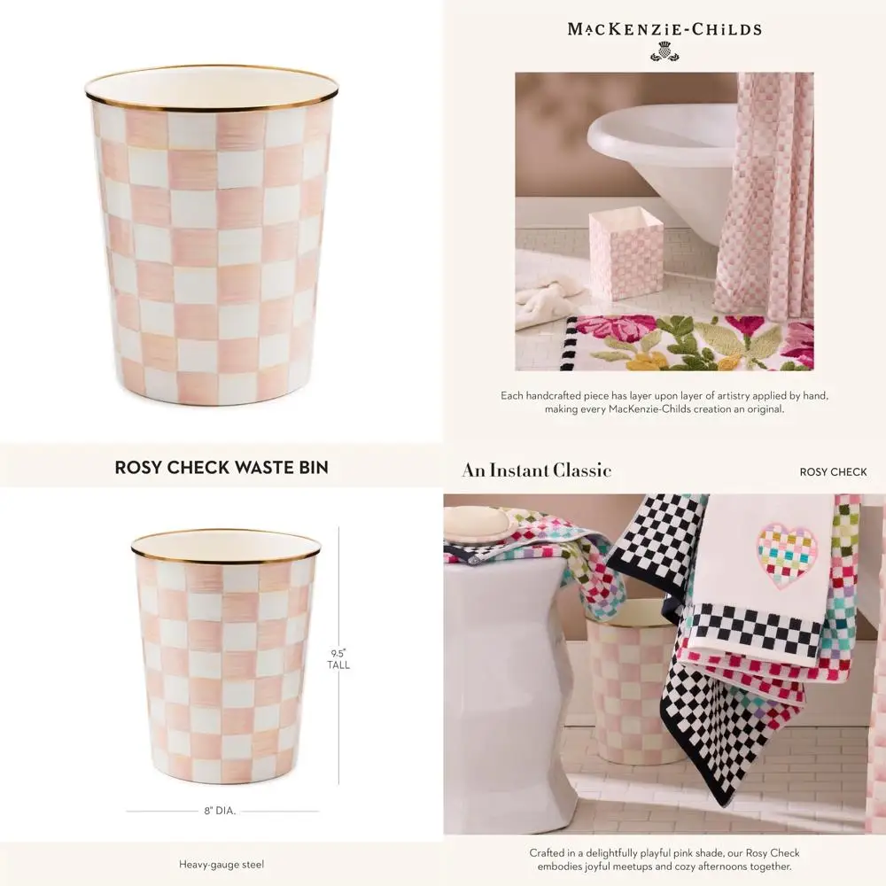 

Decorative Waste Bin for Bedroom or Bathroom - Pink and White Rosy Check Pattern, Trash Can with Stylish Design