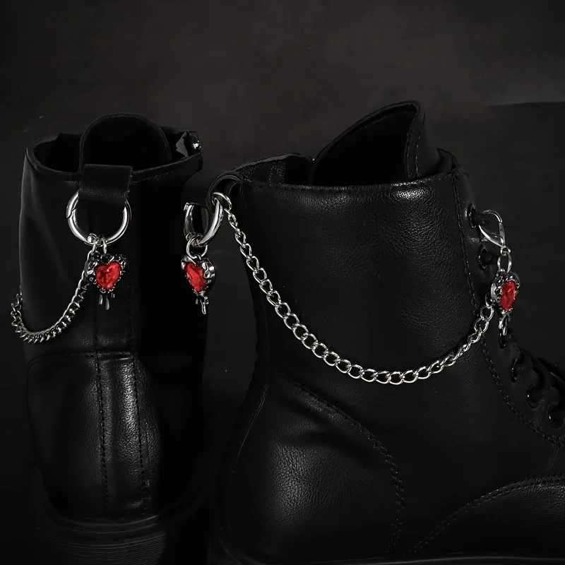 2Pcs Gothic Red heart rhinestone boot chain, silver metal detachable shoe chain, boot decoration aesthetic accessory