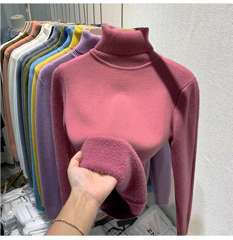 2025 New Thicken High Collar Pullover Women's Sweater Top Winter Warm and Soft Solid Color Inner Wear Bottoming Shirt