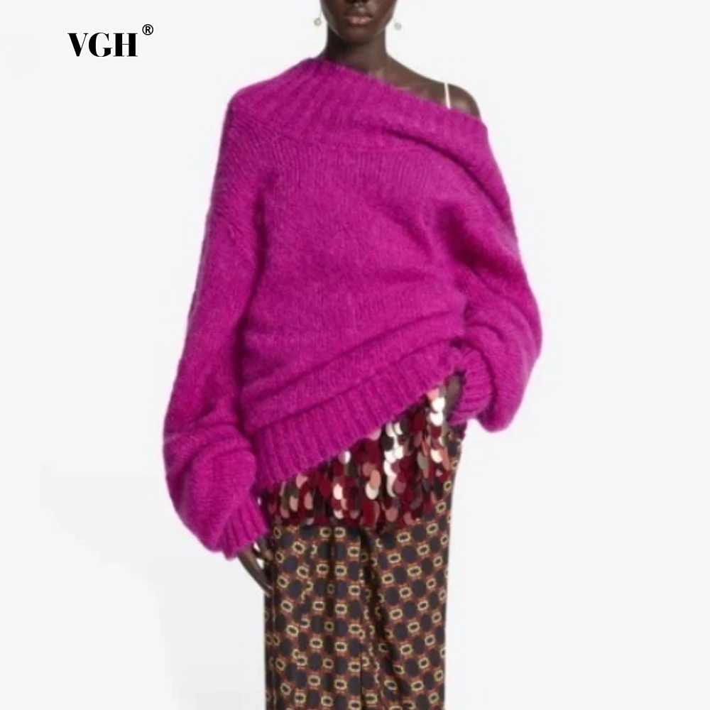 

VGH Bright Color Fashionable Sweater for Women Diagonal Collar Off One Shoulder Long Sleeve Loose Casual Pullovers Female Autumn
