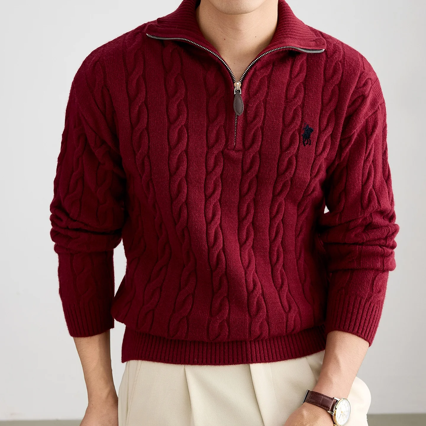Autumn Winter New Sweater High-End Brand Classic Paul Pony Embroidery Fashion Casual Mock Neck Men's Jacquard Knitted Pullover