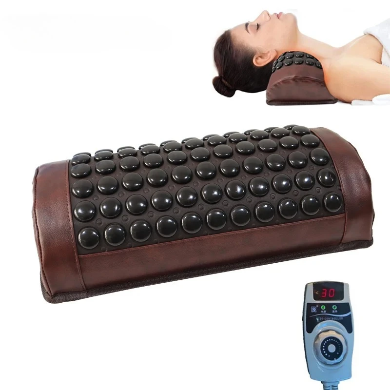 Jade Tourmaline Heating Pillow Far Infrared Heated Massage Bolster Neck Pillow Cervical Spine Pain Relief