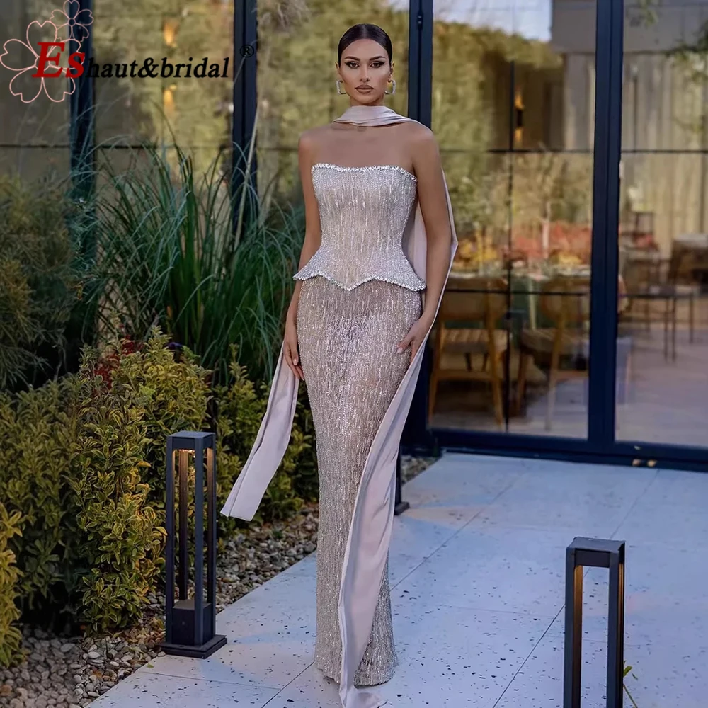 

Изысканное вечернее платье-русалка цвета нюд с бисером, роскошное длинное вечернее платье для женщин в стиле Дубай/Аравия, для выпускного вечера, свадьбы, вечеринки, на заказ