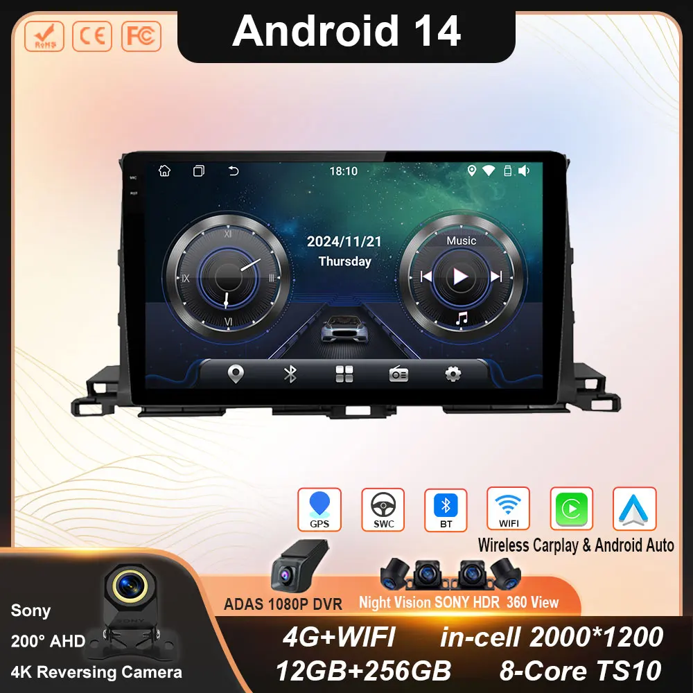 

Car Radio For Toyota Highlander Kluger XU50 2013 - 2019 Android Car Multimedia Player GPS Navigation Carplay Touch Stereo No dvd