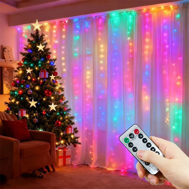 Xmas LED Curtain Lights Holiday 8 Modes USB Plug Christmas String Lights Wedding Party Window Halloween Decorations for Home