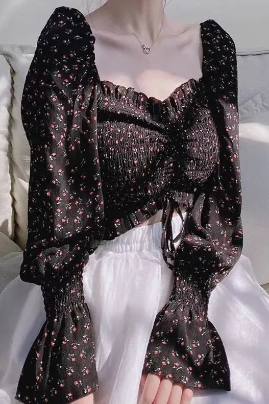 

Floral Top Drawstring Chiffon Shirt Long Sleeves One-length One-length Puff Sleeves Slim and Slim Sweet Pullover Short Design