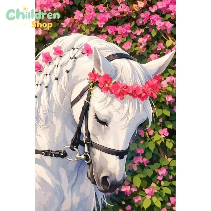 DIY Floral White Horse Diamond Painting, Blossom Wreath Among Pink Blooms Art For Living Room Wall Decoration Exquisite Gift,N