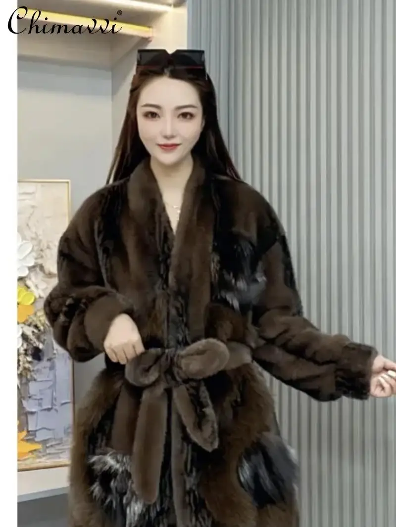 Winter New European Mink Fur Integrated Jacket Women's Fashionmid-length Simulated Mink Fur Stitching Real Fox Fur Warm Coat