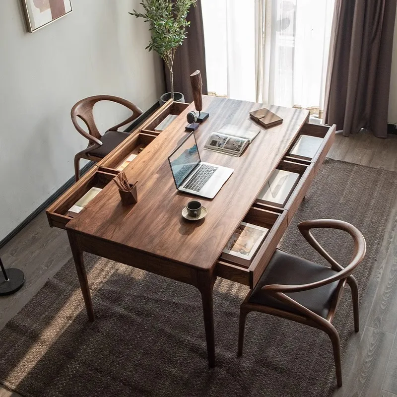 

Стол из массива черного ореха, прямоугольный обеденный стол, рабочий стол с ящиками, ретро-стол с полосатой отделкой