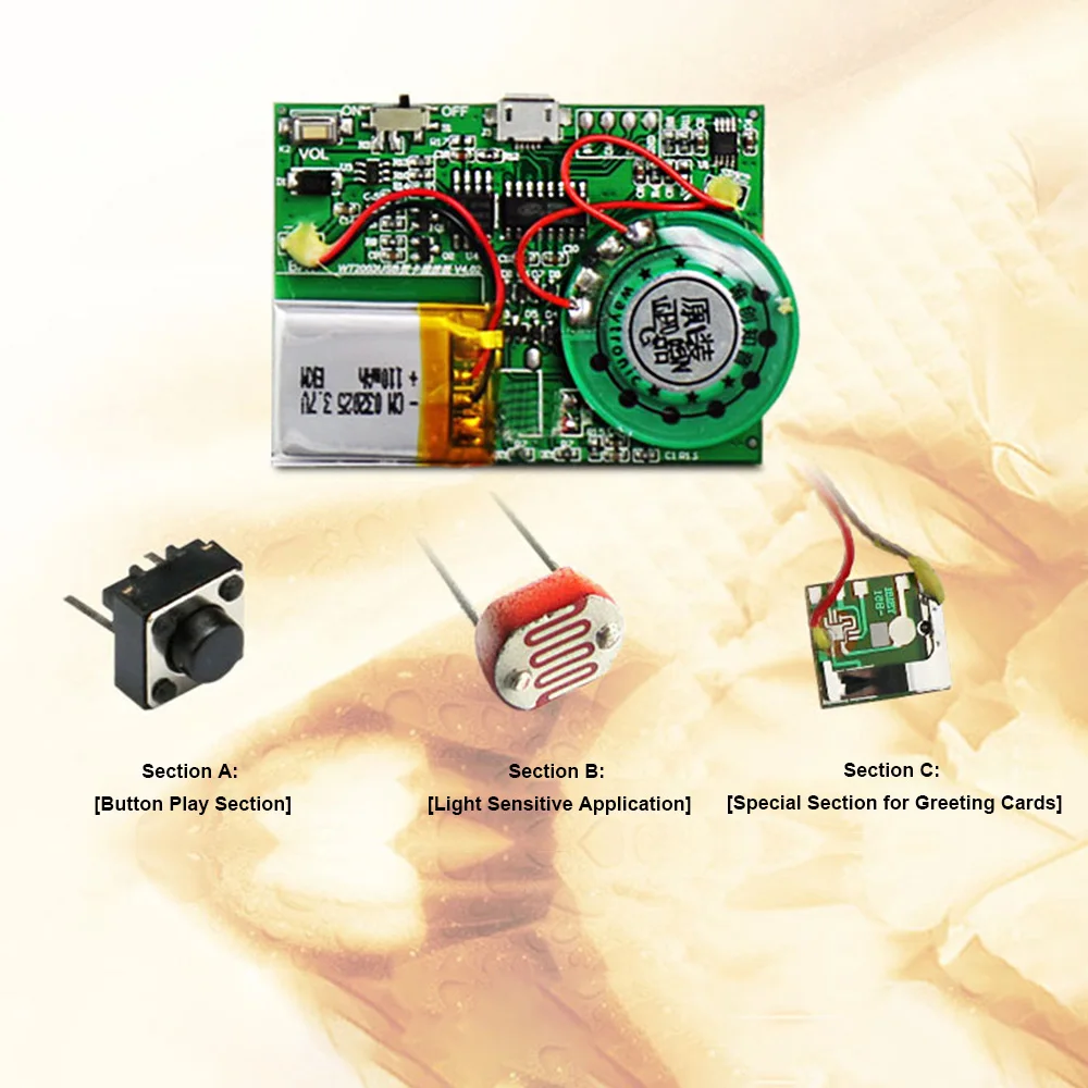 Press-button Control Activated MP3 Recordable PCB Sound Module USB Sound Module for Greeting Cards