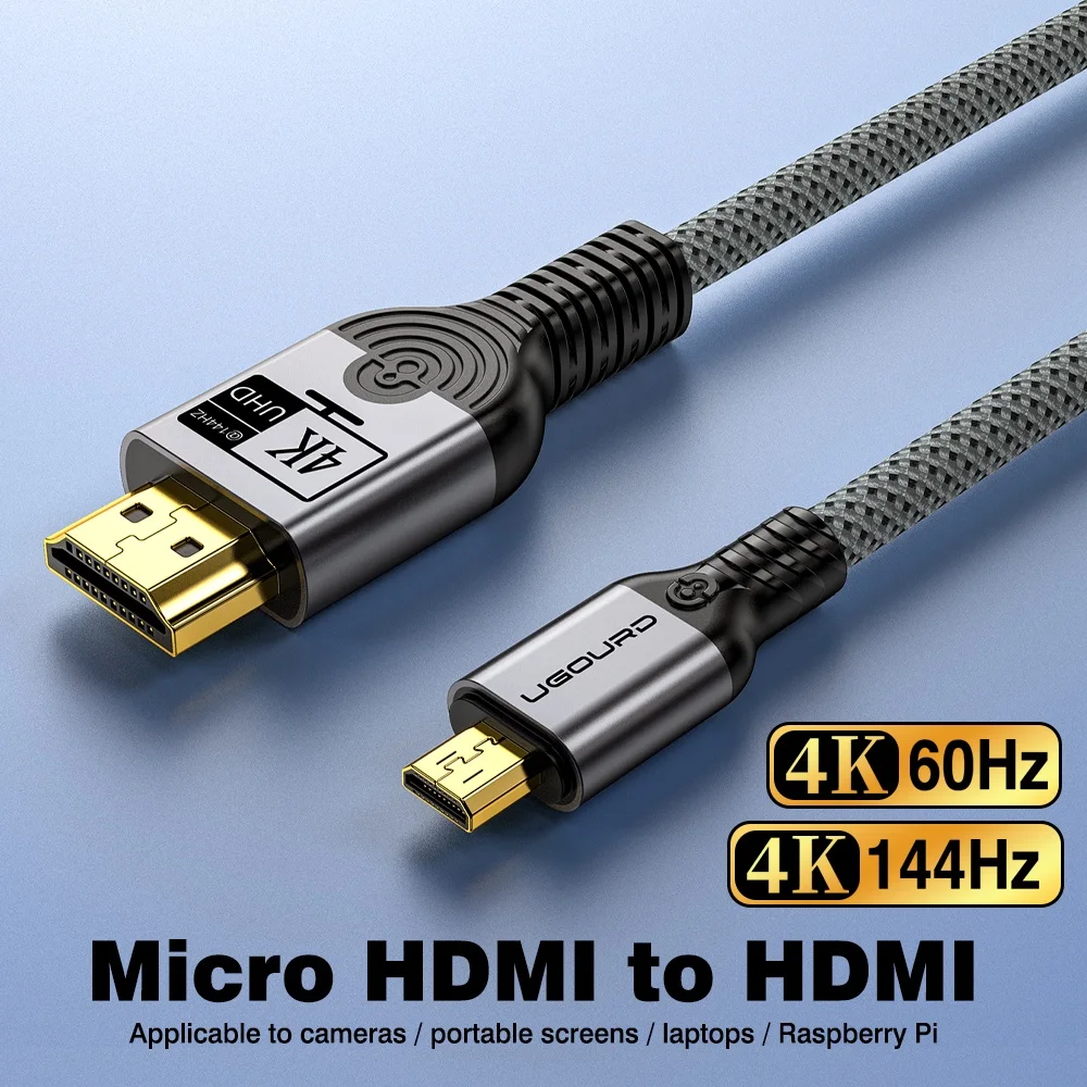 UGOURD Micro HDMI naar HDMI-kabel 4K 60Hz 4K@144Hz UHD HDR Hoge snelheid gevlochten snoer voor Raspberry Pi Camera Laptop Draagbare monitor
