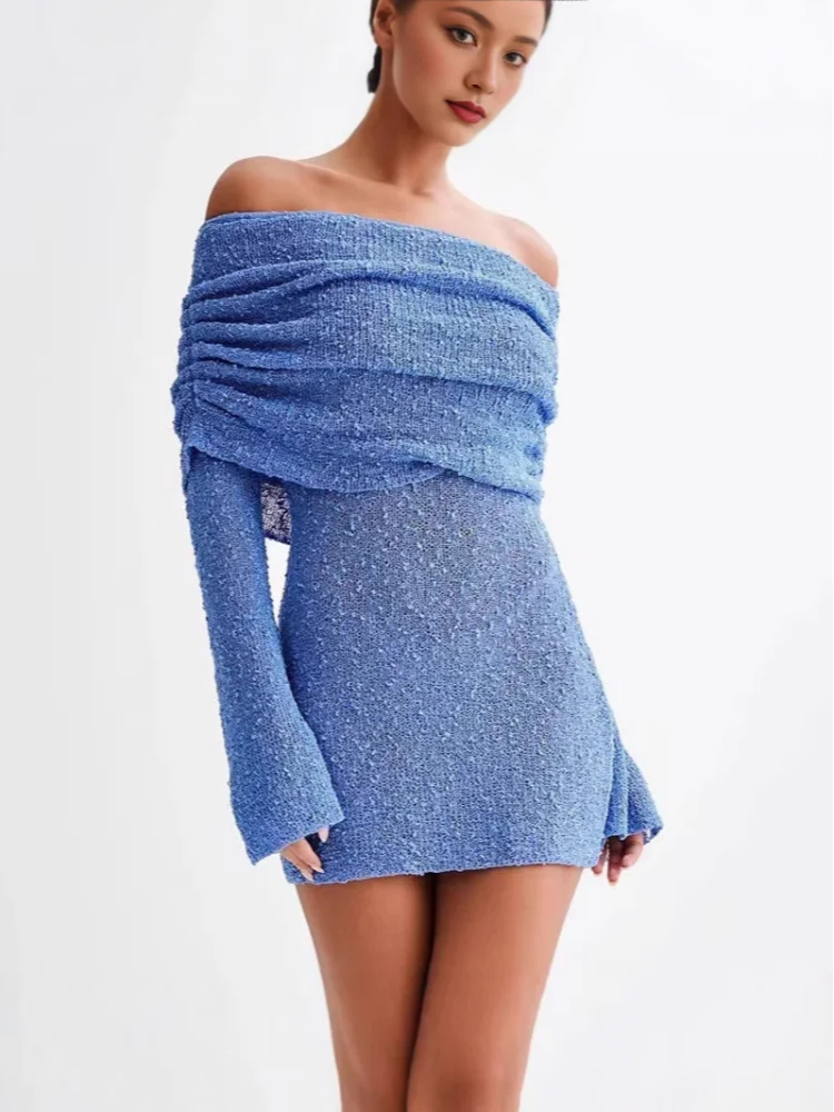 

Женское однотонное мини-платье без бретелек с открытыми плечами, сексуальное, шикарное, с длинными рукавами, приталенное, облегающее, короткое, 2026, повседневное, для женщин