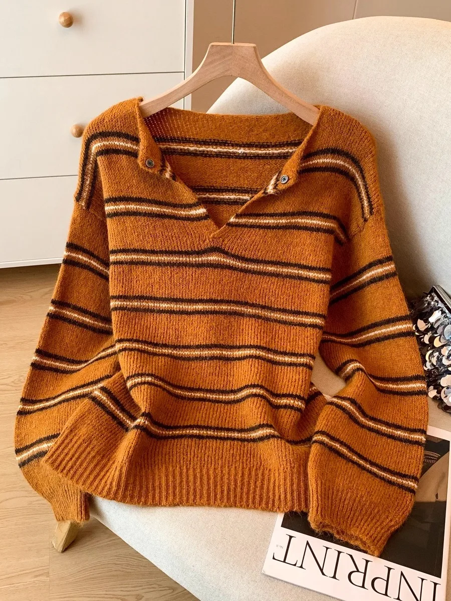 الكورية Sle جميلة البرتقال مخطط تريكو المرأة كسول سترة أوائل الخريف الشتاء Faion مكافحة الشيخوخة #1