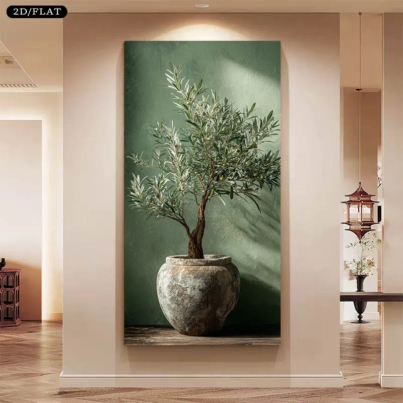 Image of 1 Stück rahmenlose Leinwandmalerei, 2D/flach, großer moderner Olivenbaum im Topf, Leinwand-Wandkunst, rahmenlose mediterrane neutrale Leinwand, Pri