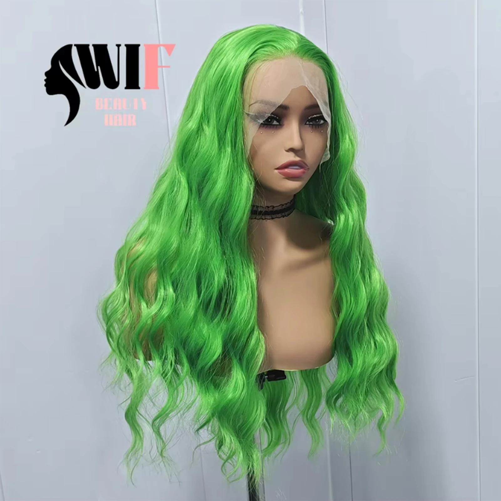 WIF Green Body Wave Synthetic Wig 13×4 Lace Part Long Wavy Lace Front Wigs Fresh Green Heat Resistant Cosplay Hair Man Woman Use