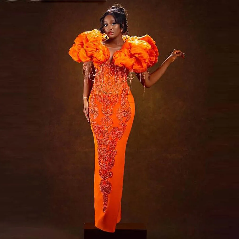 

Вечернее платье Aso Ebi для чернокожих девушек: оранжевое, роскошное, с пышными рукавами, бахромой, бисером и аппликациями, для выпускного или дня рождения