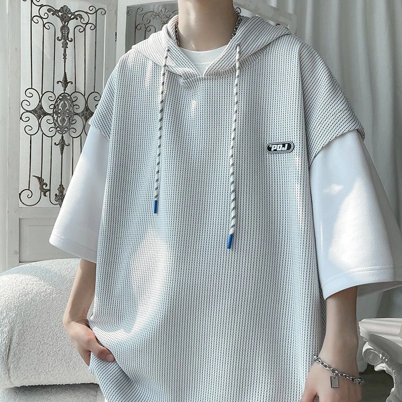 

Summer Waffle Plaid Print Men Short Sleeve Drawstring Hooded Sweatshirt Teenager Fake Two Piece Fashion All-match Loose Tops Tee