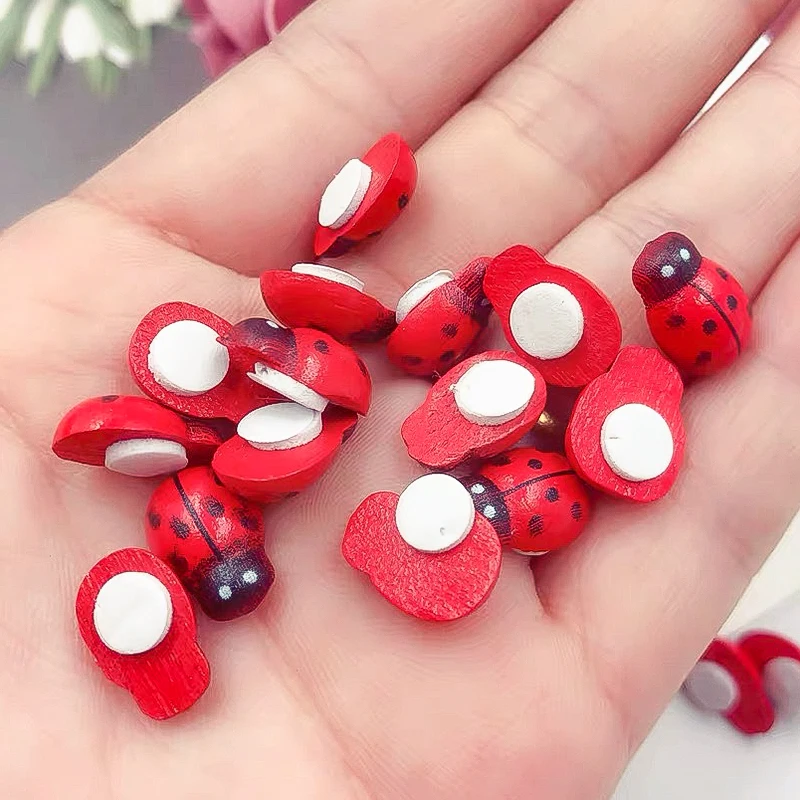 100Pcs Mini Wooden Ladybird Ladybug Self-adhesive Sticker Children Painted DIY Crafts Fairy Garden Figurine Miniature Home Decor