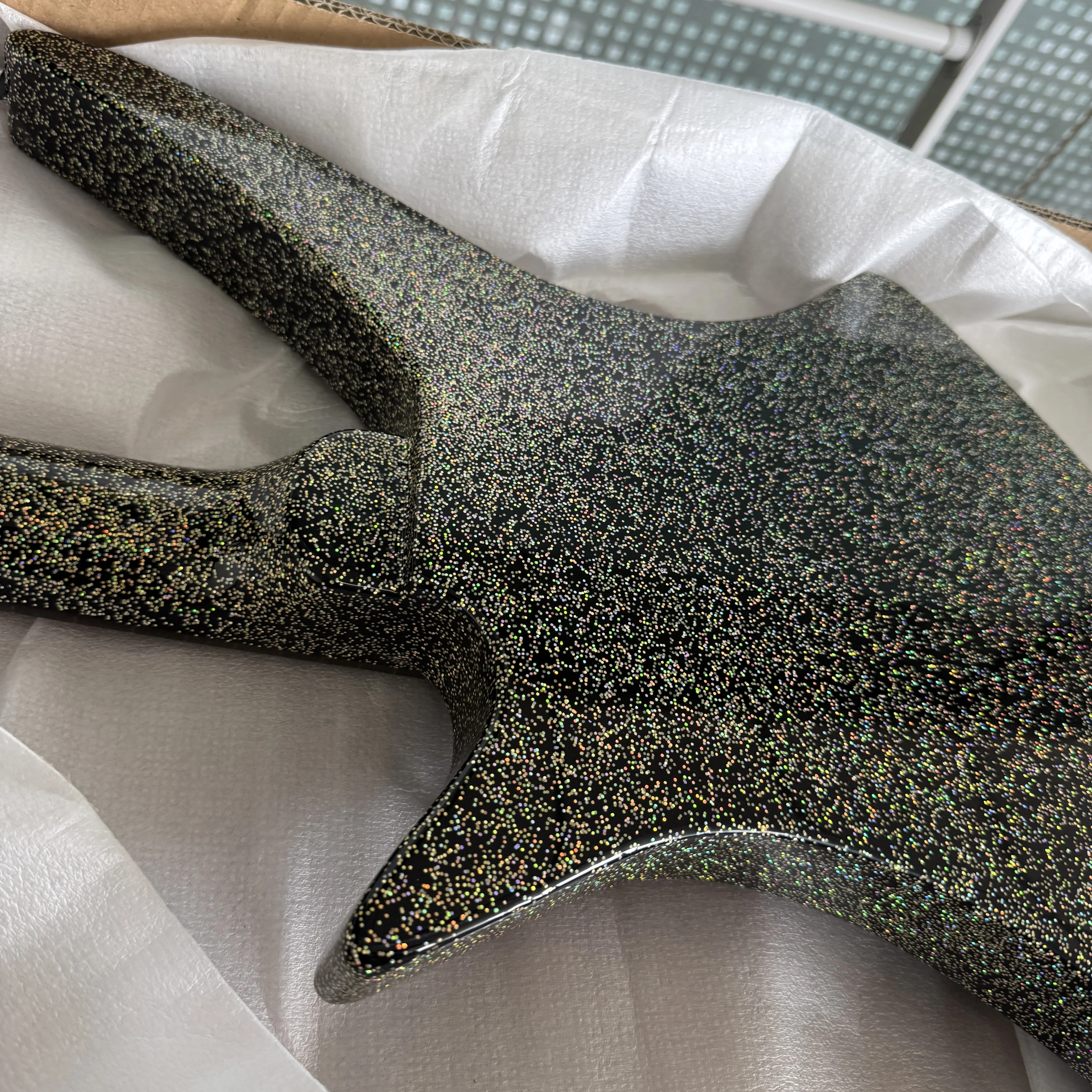 Alien-Shaped Electric Guitar With Eagle-Winged Pointed-Edge Design, Black Color With Glittering Powder And Flash Coating