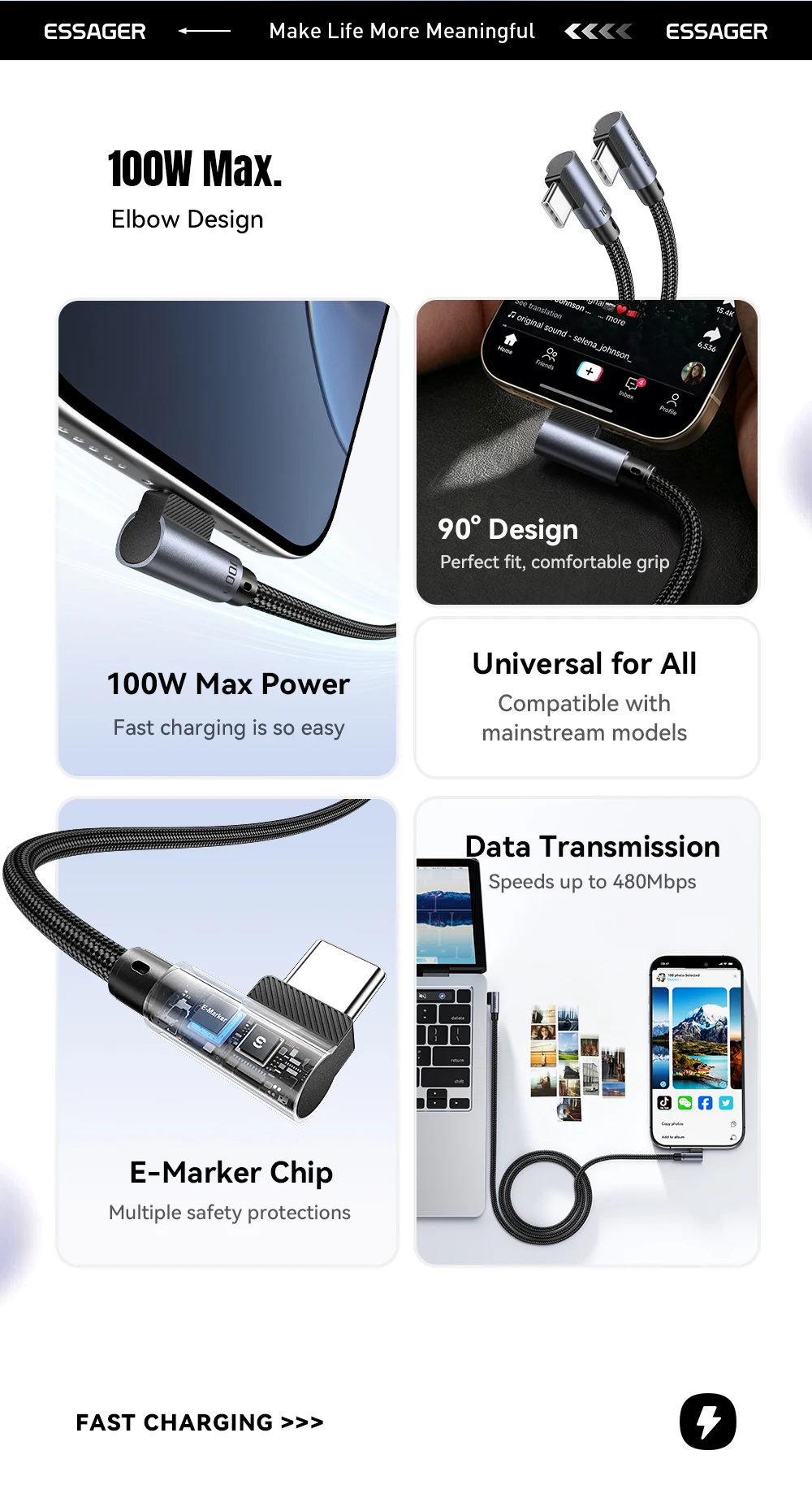 Essager Elbow PD100W USB C to USB C Charging Cable for iPhone 17 16 15 Pro Samsung MacBook iPad Type C Fast Charging Data Cord