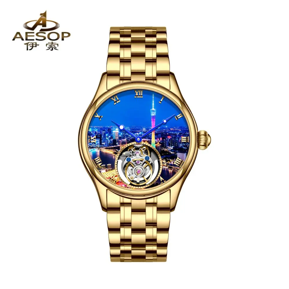 AESOP（automatic7076G）Tourbillon Mechanical Watch Men 42mm Skeleton Dial 30M Waterproof Stainless Steel/Top-Grain Cowhide strap