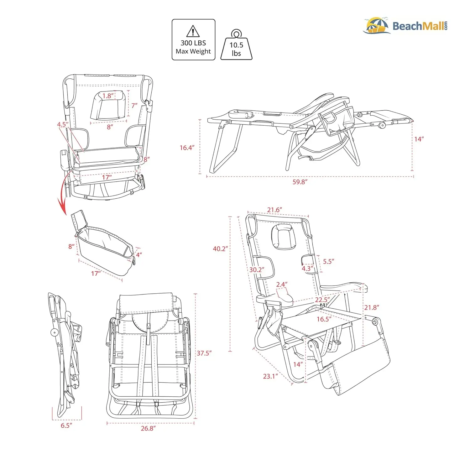 Ultimate Heavy Duty Folding Backpack Beach Chair for Adults with Face-Hole | Lay Flat, 5 Reclining Positions |, Customized