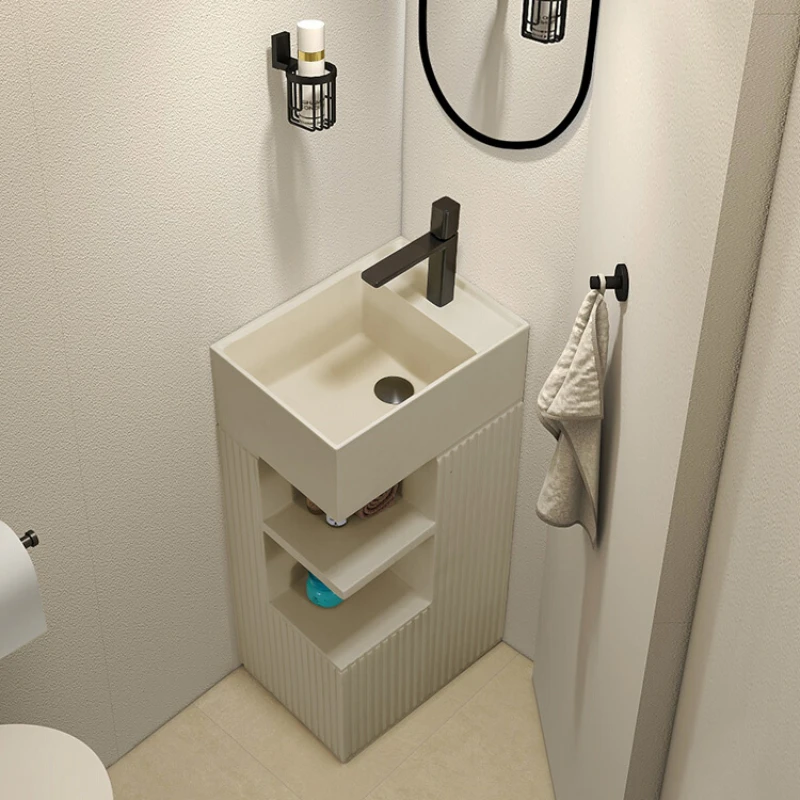 

Cream wind storage washbasin bathroom integrated floor-standing washstand storage column basin with grid turning wall corner.