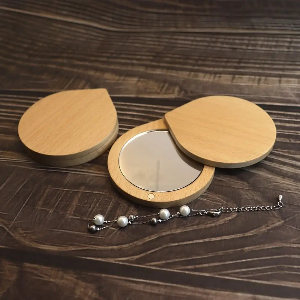 Mini Black Walnut Wood Makeup Mirror Round Foldable Rotating Cosmetic Mirror Rotatable Magnetic Closure Compact Pocket Mirror