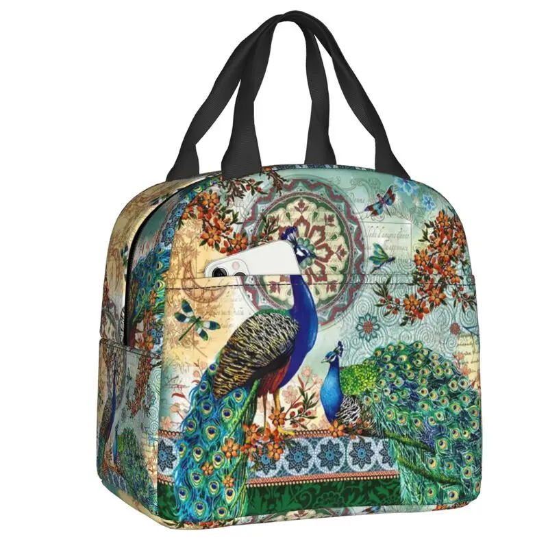 Custom Peacock Lunch Bag Men Women Feather Animal Cute And Beautiful Warm Cooler Insulated Lunch Boxes for Kids School