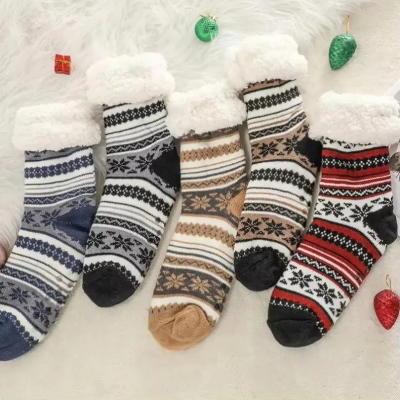 Masculino fofo listra meia inverno quente curto grosso casa dormir térmico macio piso fuzzy chinelo meia presente de natal floco de neve