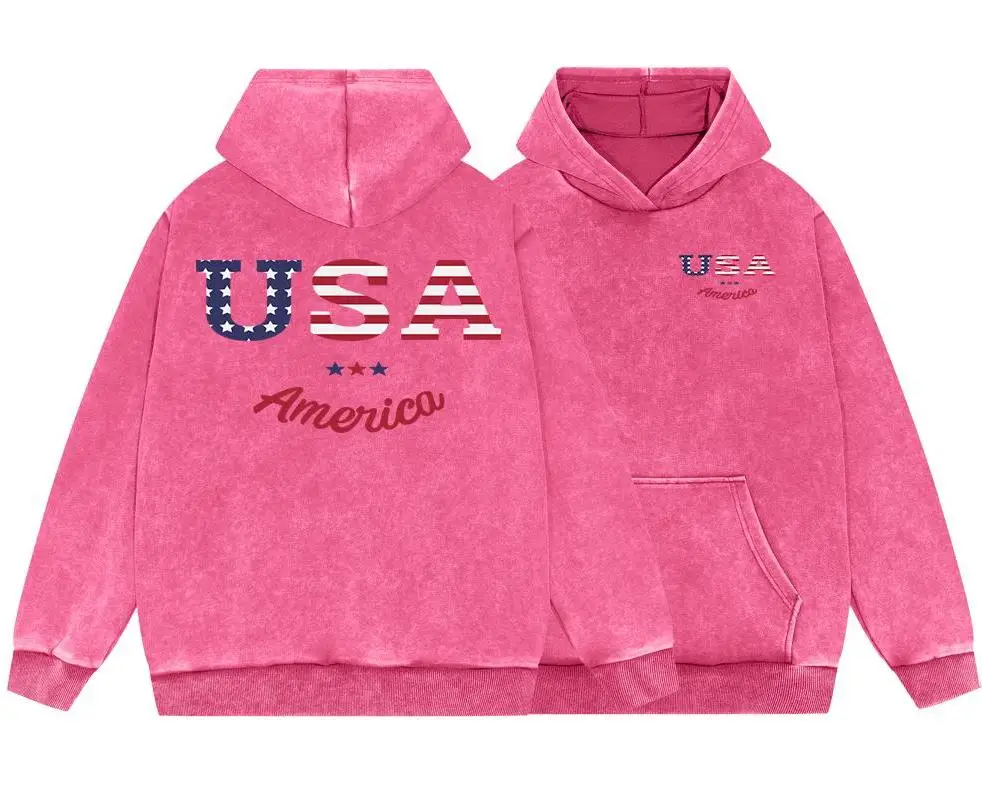 National Flag Letter Usa Mens Vintage Washed Cotton Hooded Casual Loose Sweatshirt Warm Fur-Liner Hoodie Simple