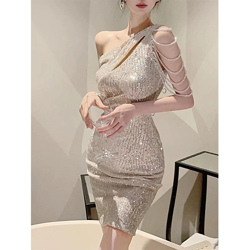 summer diagonal collar sequins hollow out bodycon mini vestido ladies elegant fashion slim beading evening dress women temperame