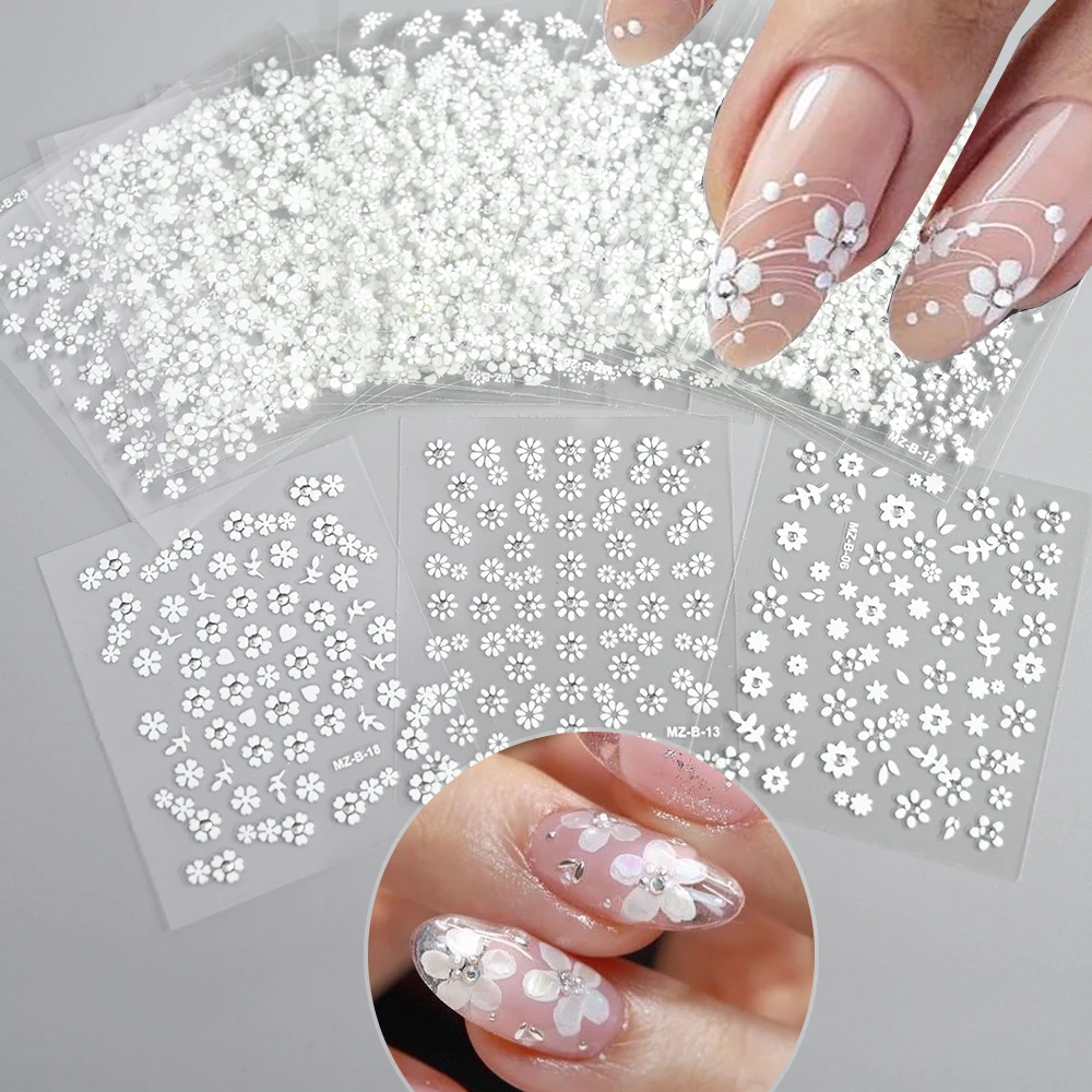 30Pcs 흰색 꽃 3D 네일 아트 스티커 봄 꽃 잎 자기 접착 데칼 꽃 꽃잎 DIY 슬라이더 매니큐어 장식