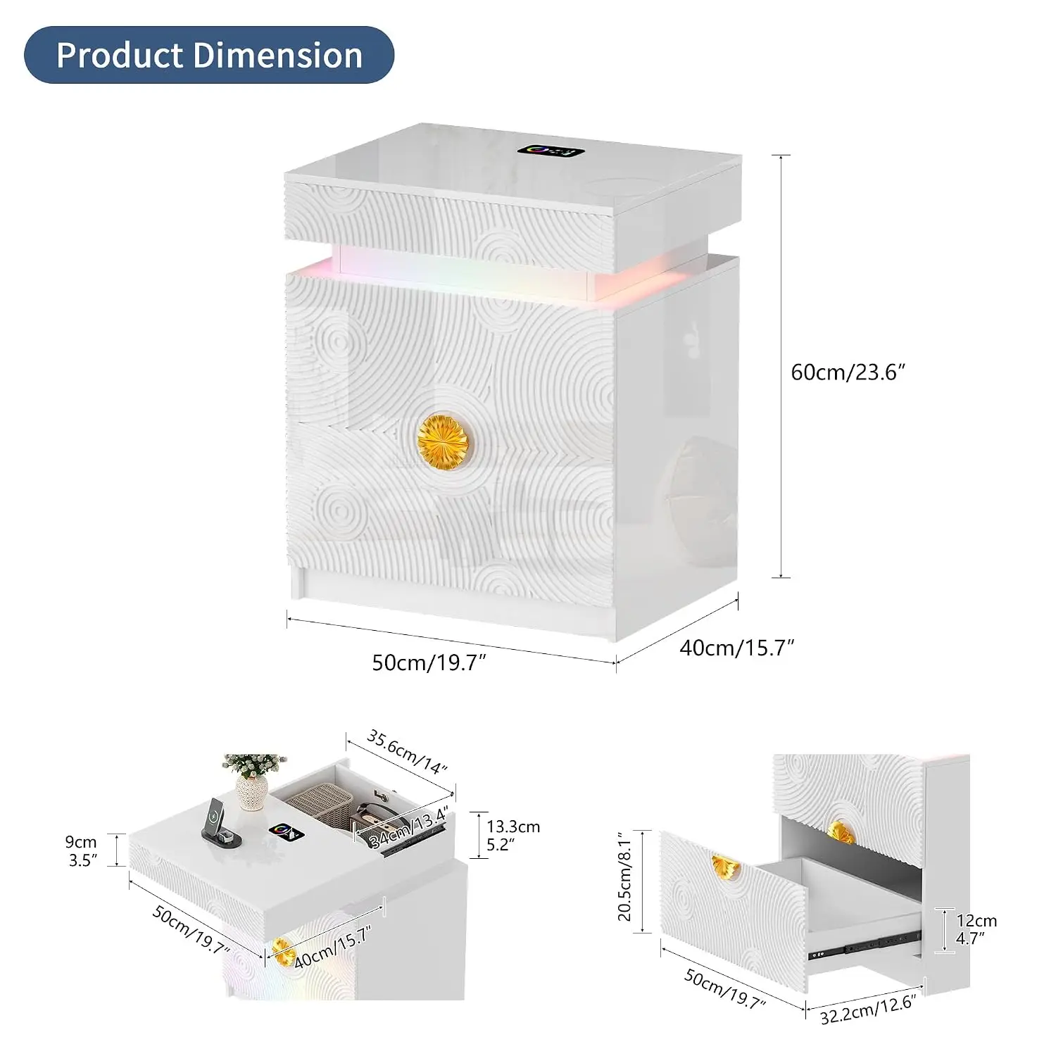LED Nightstand RGB Light Lockable Hidden Drawer Bedroom Furniture White, Customized