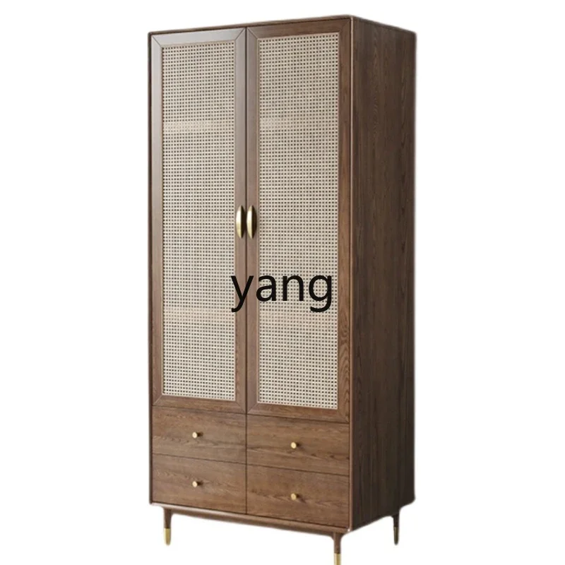 

YJQ solid wood rattan double door wardrobe small apartment household ash wood storage large wardrobe retro whole