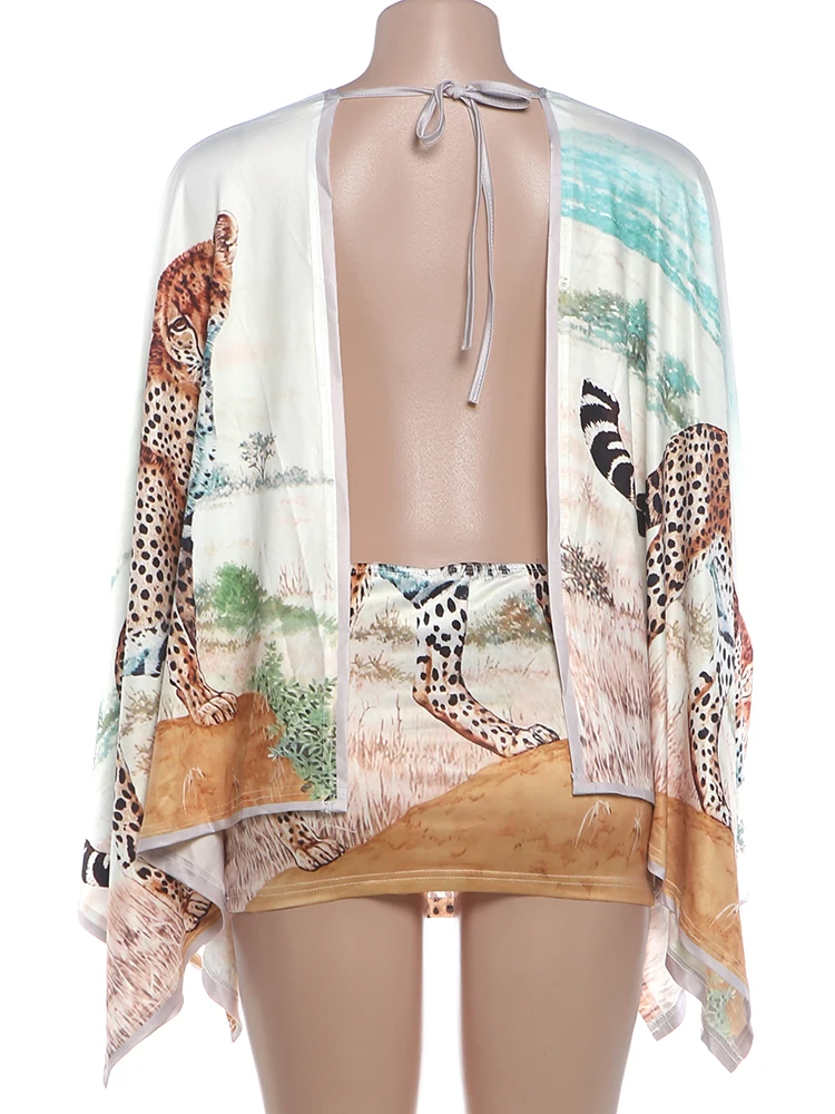 Weird Puss Buntes Kleid mit Leopardenmuster für Damen, sexy, tiefer V-Ausschnitt, rückenfrei, Patchwork, Puffärmel, heiß, für Urlaub, Party, Club, figurbetont – Detail 5