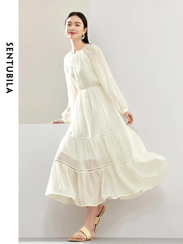 SENTUBILA Women French Swing Long Dresses 2024 Woman Tie Round Neck Lantern Sleeve Elastic Waist Dress Female Clothing 141L53534