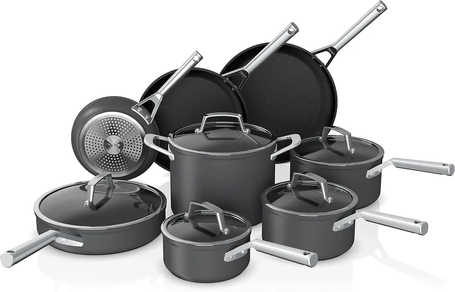 Premium Hard-Anodized 13-Piece Cookware Set, Guaranteed to Never Stick, Nonstick, Durable, Oven Safe to 500°F, Grey