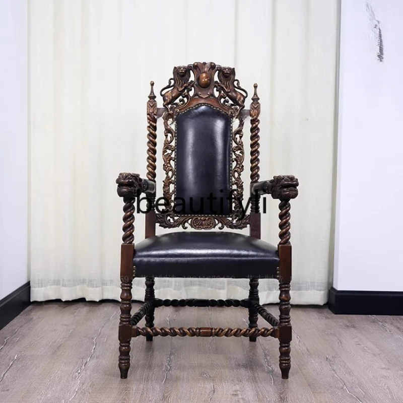 

French replica solid wood, classical lion dining chair Western nostalgia deep relief computer chair villa decoration design