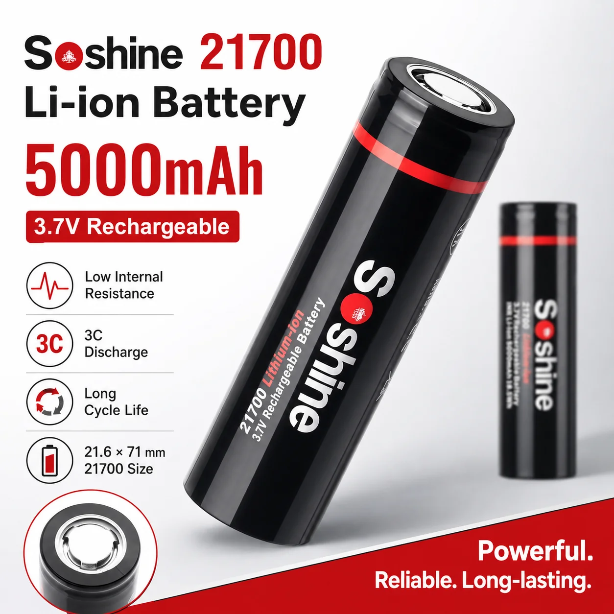 

21700 3.7V 5000mAh 18.5Wh 3C High Discharge Rechargeable Li-ion Battery Cell for Electric Tools Flashlight Power Bank