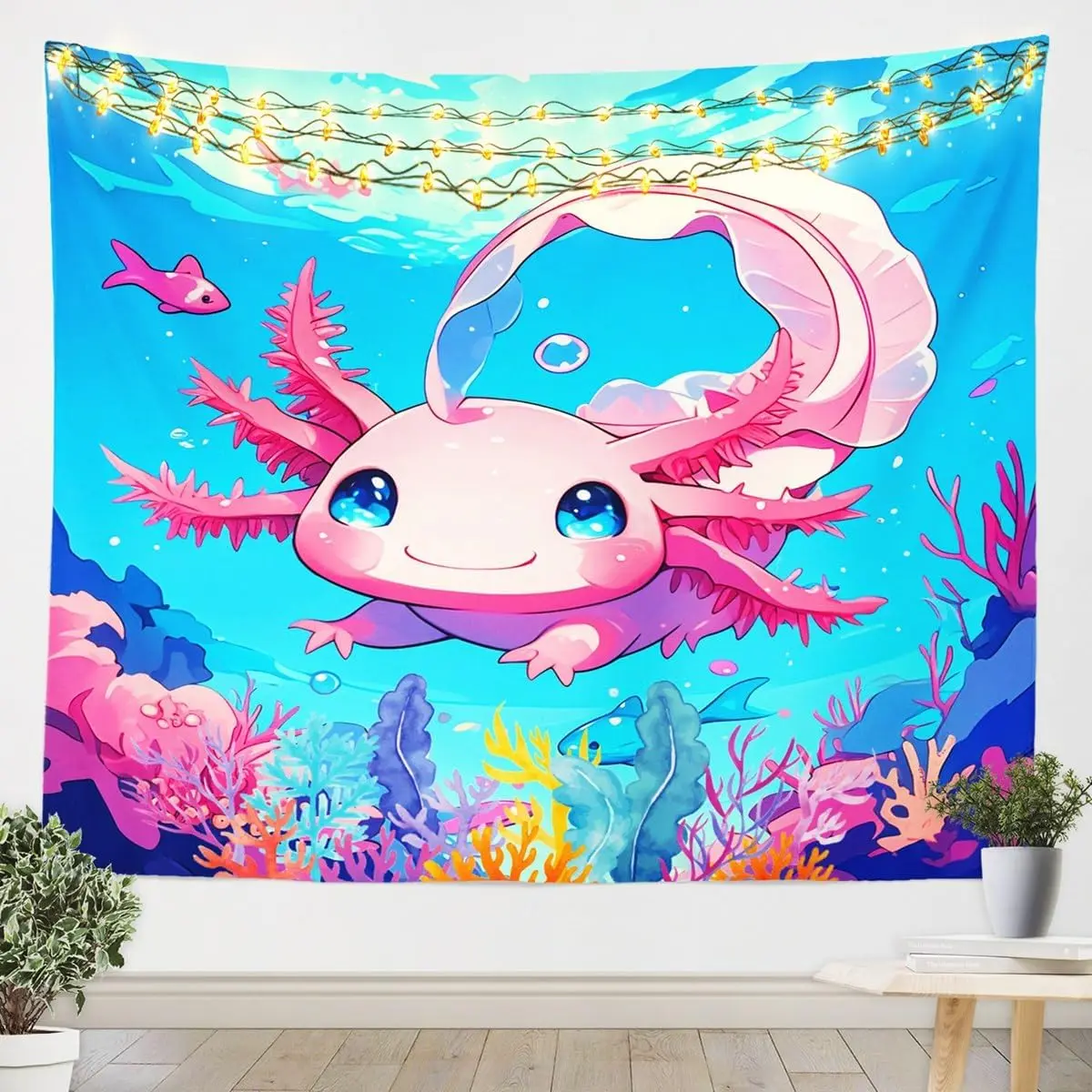 Cartoon 3D Print Axolotl Tapestry Cute Ocean Animal Tapestry Wall Hanging for Kids Boys Girls Undersea World Plant Wall Tapestry