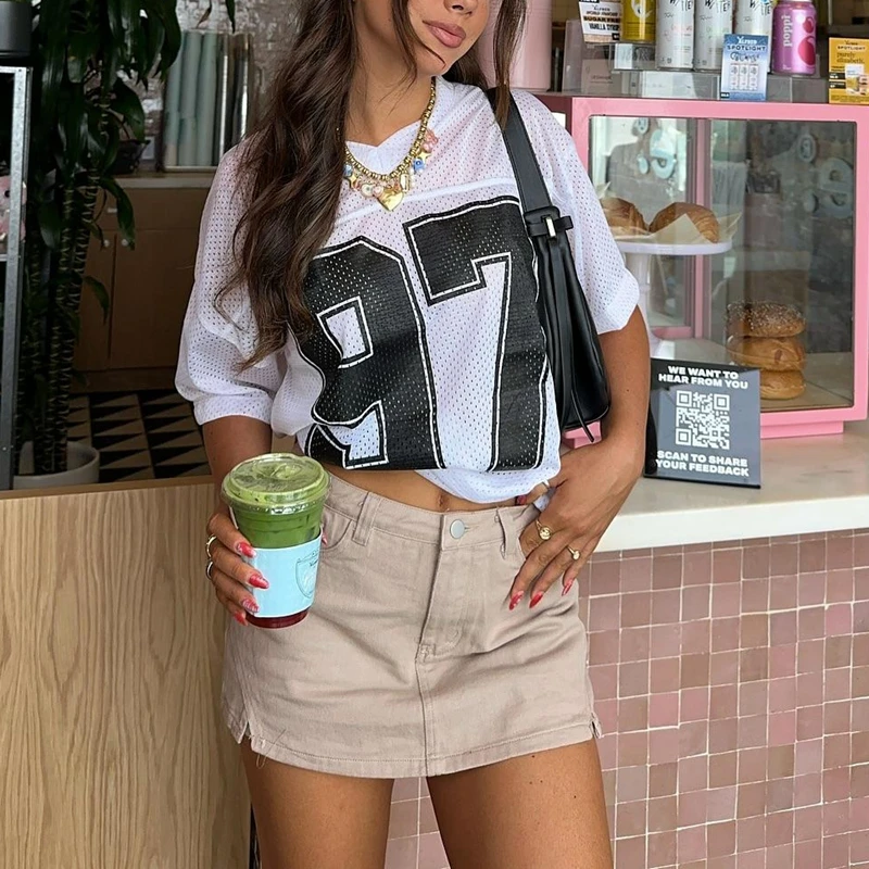 

Womens Summer Casual Athleisure Jersey Tee Short Sleeve Number Embroidery V Neck Loose Fit Mesh Sheer See-through Oversized Tops