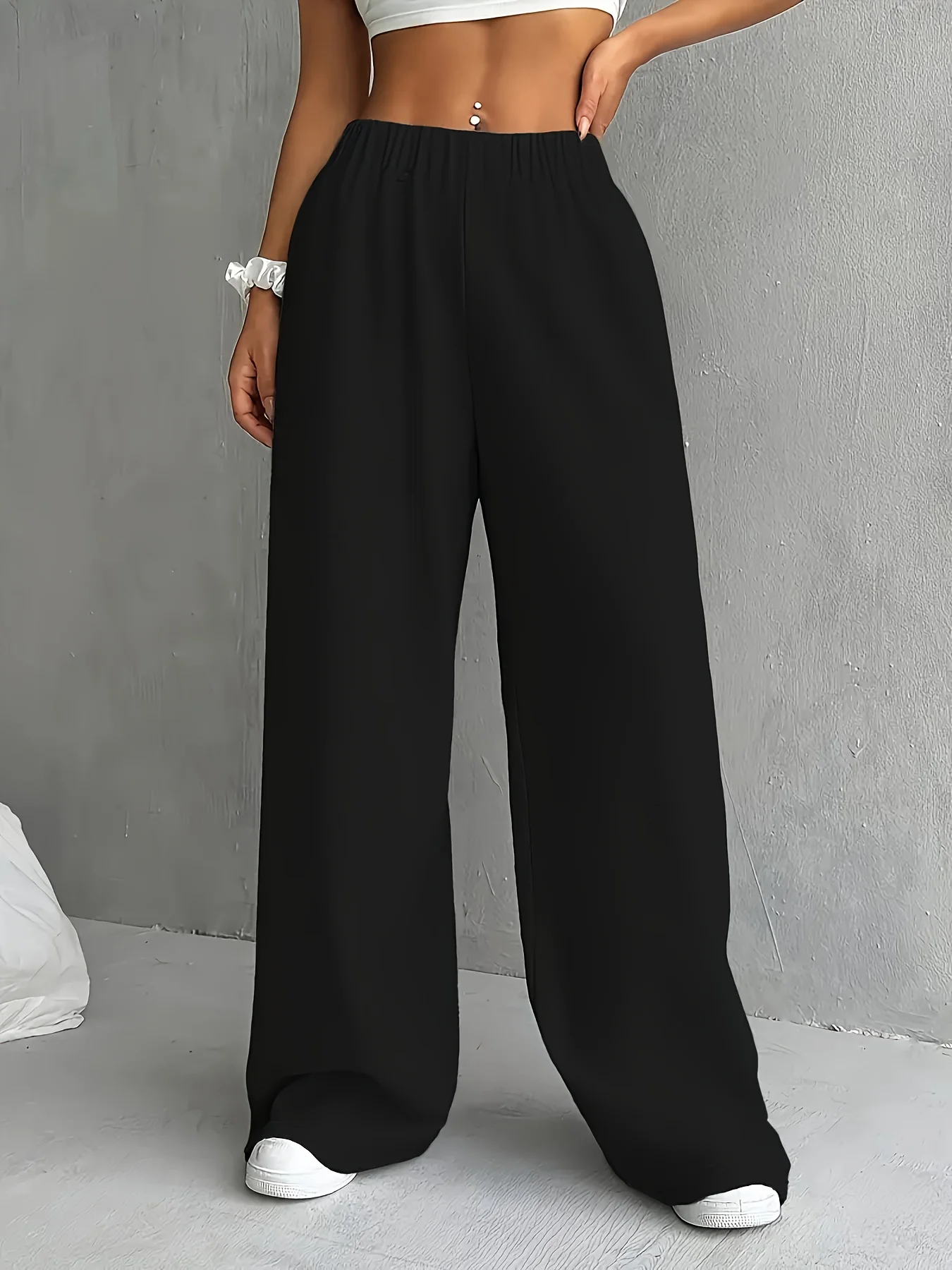 Ladies' elegant solid color black straight leg sports pants for all seasons, comfortable and smooth texture, versatile wardrobe