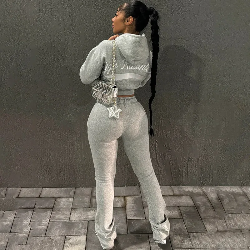 2024 Autumn Hooded Tops 2 Piece Pant Set Outfits Women Winter Y2K Streetwear Pullover Sportwear Sexy Elegant Grey Two Piece Sets