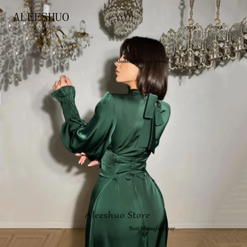 Aleeshuo Elegante Taft Lange Mouwen Prom Jurken Voor Vrouwen Arabisch Dubai Kanten Up Hoge Hals Plooi Avond Dressesفساتين مناسبة رسم