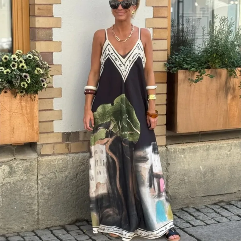 Casual Off Schulter Hohl Swing Strand Kleid Lose Hosenträger Sommer Bohemian Kleid Vintage Frauen V-ausschnitt Ärmelloses Urlaub Kleid